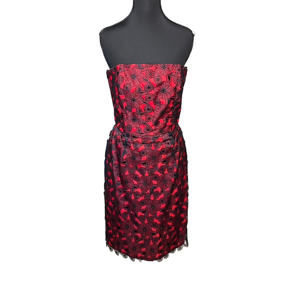 Options by Shani Y2K Flirty Red Black Floral‎ Lace Strapless Cocktail Dress Sz 6
